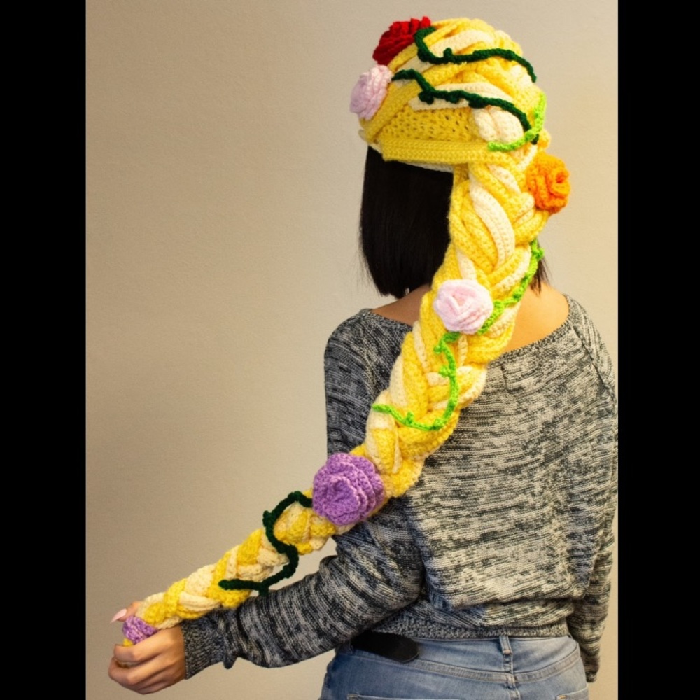Crocheted Rapunzel hat, scarf, and handwarmmer set